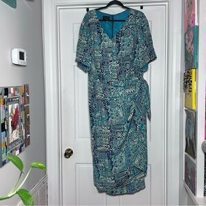 Silk Dress - Size 24 Slimming Faux Wrap by Spenser Jeremy Blue Geometric Midi